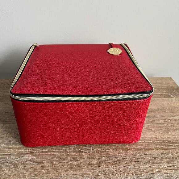 Estee Lauder Red Faux Leather Train Case Travel Makeup Bag - Picture 4 of 10